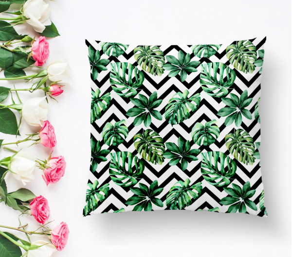 Zigzag Siyah Beyaz Şerit Temalı Yaprak Çizimi Kırlent Kılıfı